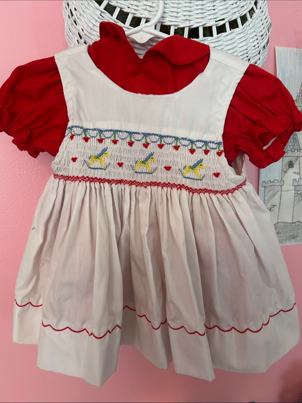 Vintage smocked rocking horse two piece dress